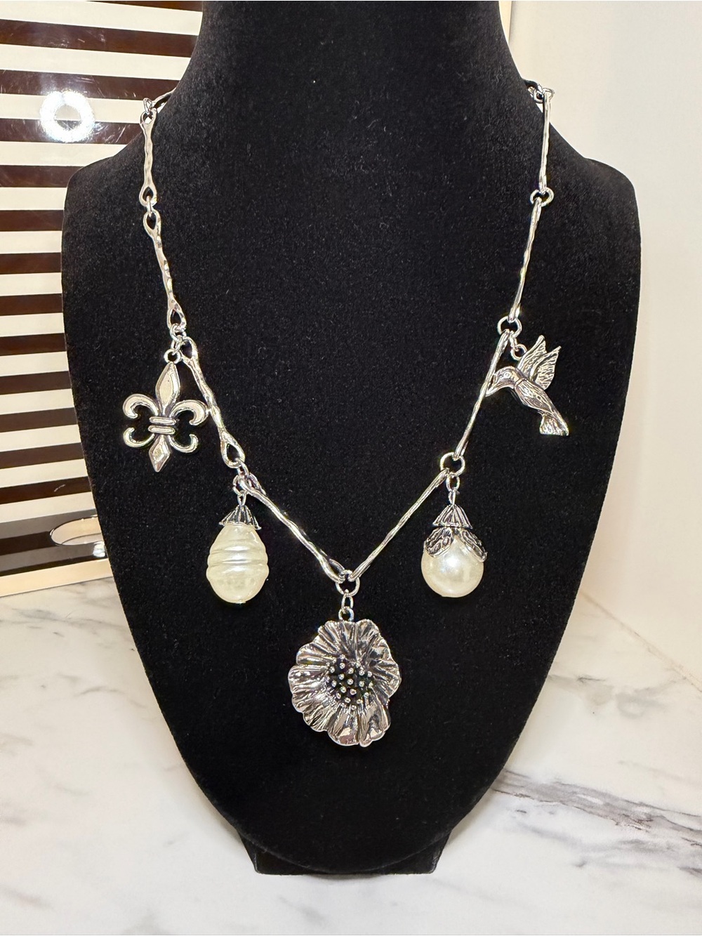 Silver Floral & Pearl Charm Necklace